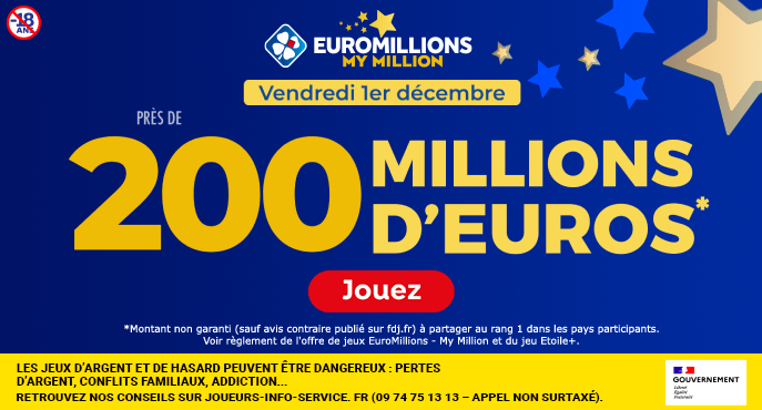 INCROYABLE - Méga Jackpot Historique EuroMillions vendredi 1er décembre 2023 : 200 Millions d'€ en jeu !!!!