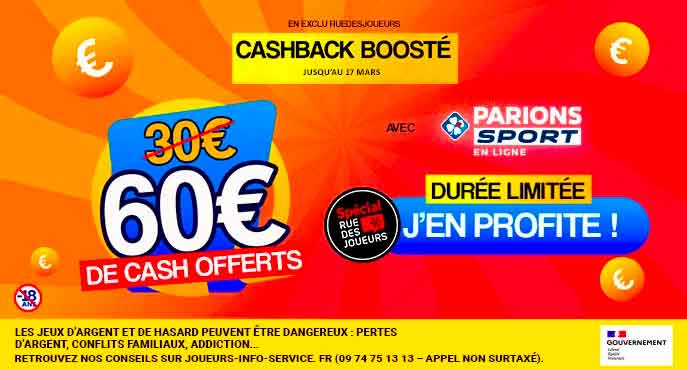 bonus parionssport avec 60e de cash + 15e sans dépôt +85e remboursés