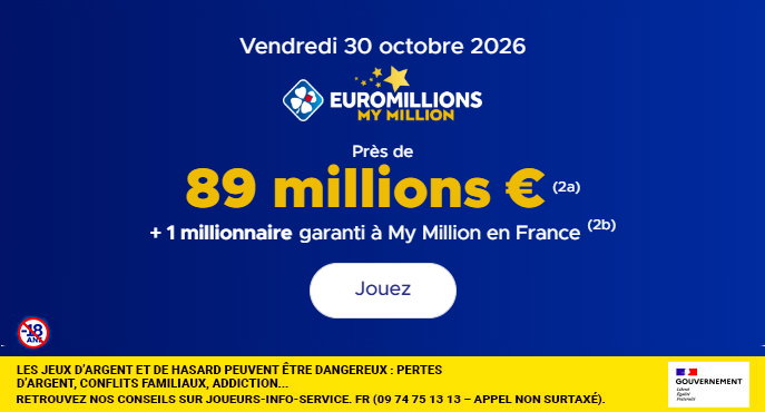 Tirage EuroMillions vendredi 30 octobre 2026 : 89 Millions d'€ en jeu + 1 Millionnaire garanti en France !