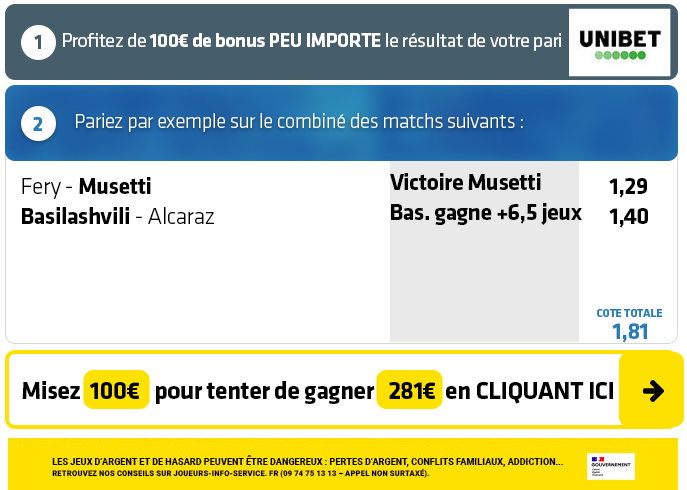 TENNIS : 1 Combiné Safe + 1 Grosse Cote à tenter sans aucun risque