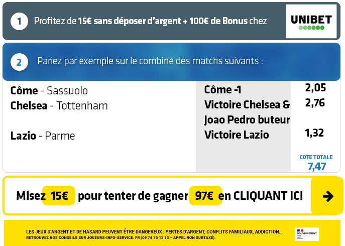 DOUBLE COMBINÉ : Transformez 15€ reçus GRATOS en près de 100€ SANS PRESSION ce samedi