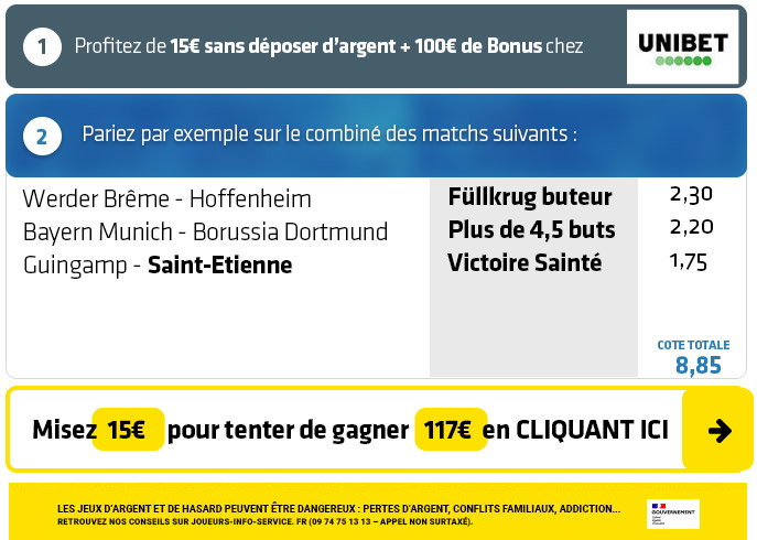2 COMBINÉS pour le prix d'1 : Transformez 15€ reçus GRATOS en près de 120€ SANS PRESSION ce samedi