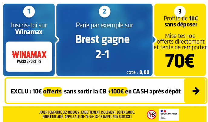 Brest - Nice : 10€ sans déposer d'argent + 100€ CASH pour parier sur l'affiche du jour !